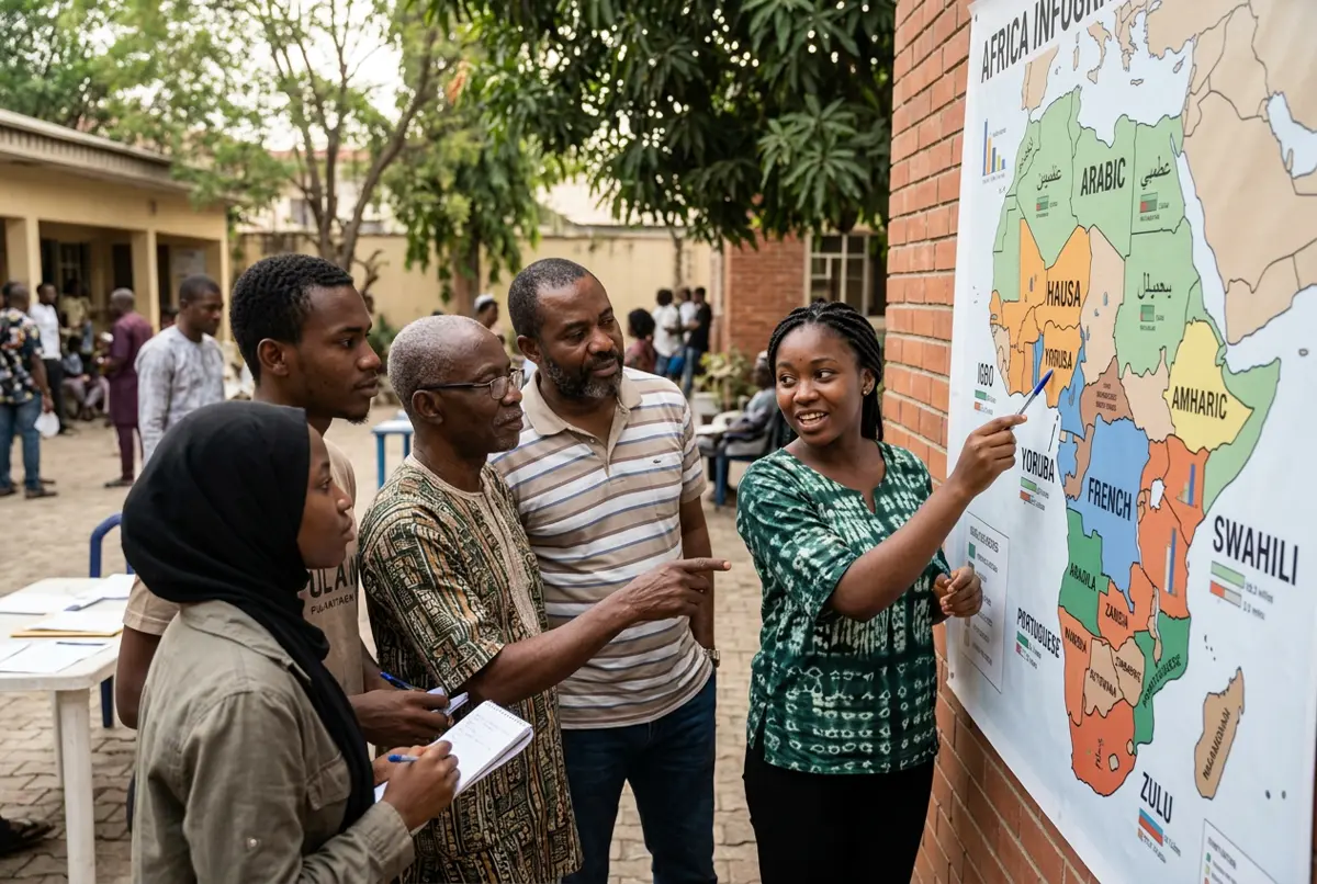 Des personnes échangent autour d'une carte des langues africaines